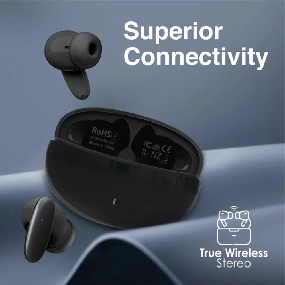 Promate Lush Acoustic True Wireless In-Ear Earbuds, Dynamic Drivers, High Definition Audio, Bluetooth 5.1, Built-in Mic, Black, 1 Year Warranty