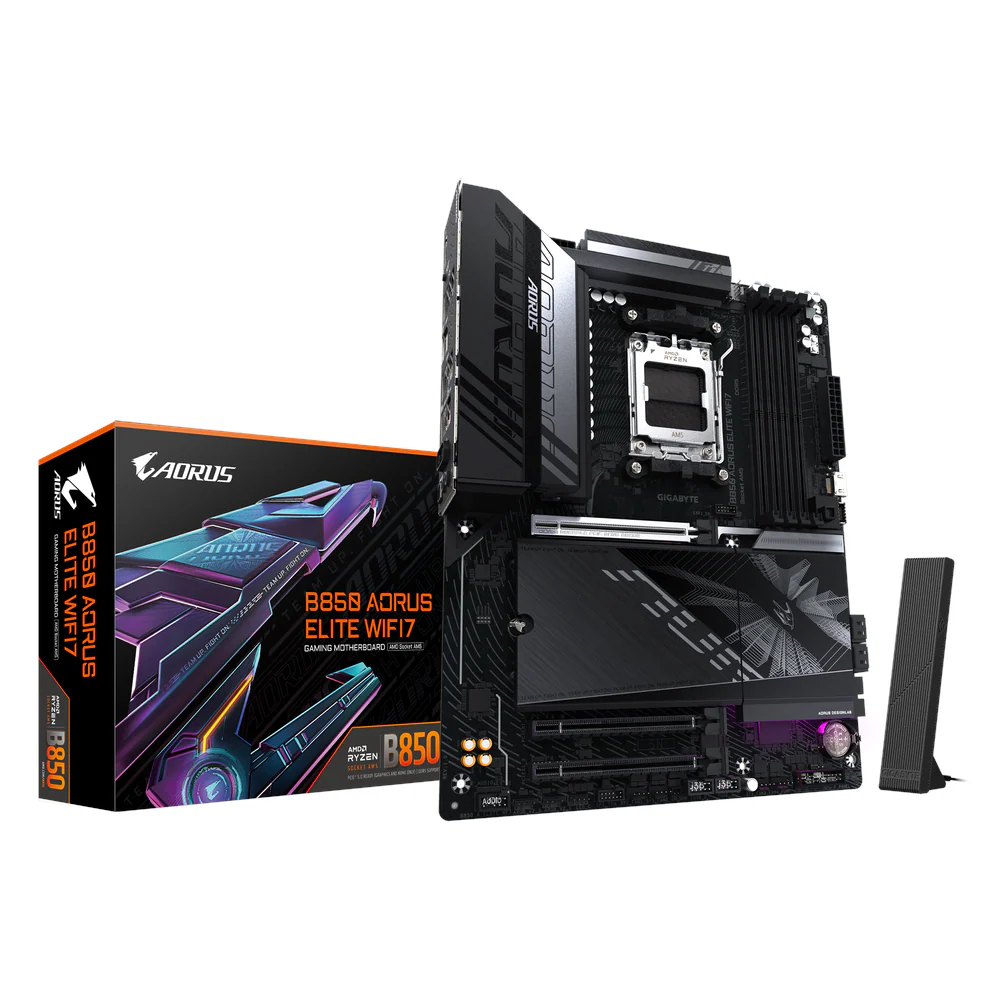 Gigabyte B850 AORUS ELITE WIFI7 Motherboard, Socket AM5, ATX Form Factor, DDR5 Ram, PCIe 4.0, Wi-Fi 7, Bluetooth v5.4, HDMI, DisplayPort, Realtek 2.5Gb Ethernet, 1 Year Warranty