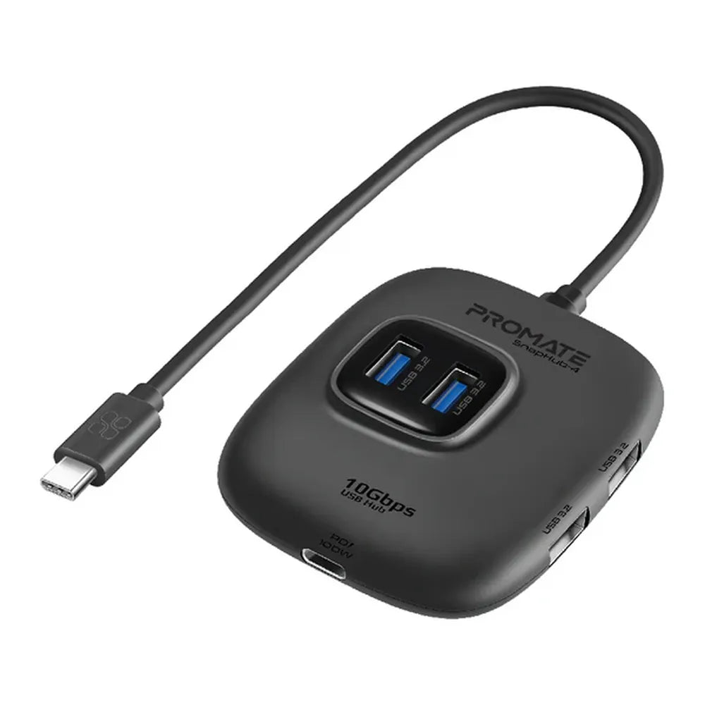 Promate SnapHub-4 5-in-1 USB-C Hub, USB-A, Up To 10Gbps, Backwards Compatible, Black, 1 Year Warranty