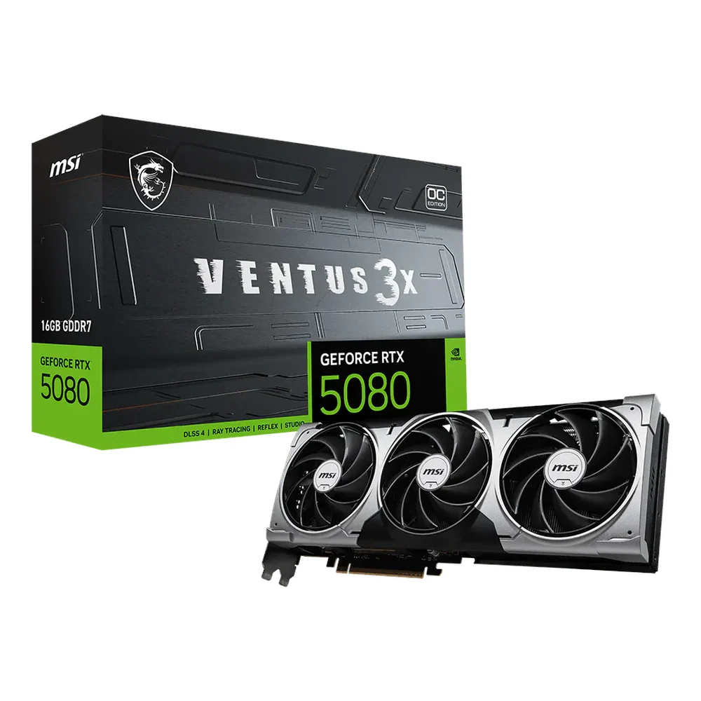 MSI GeForce RTX 5080 Ventus 3X OC Graphics Card, GDDR7 16GB 256-bit Memory, DisplayPort, HDMI Outputs, PCI Express 5.0, Torx Fan Cooling System, 1 Year Warranty