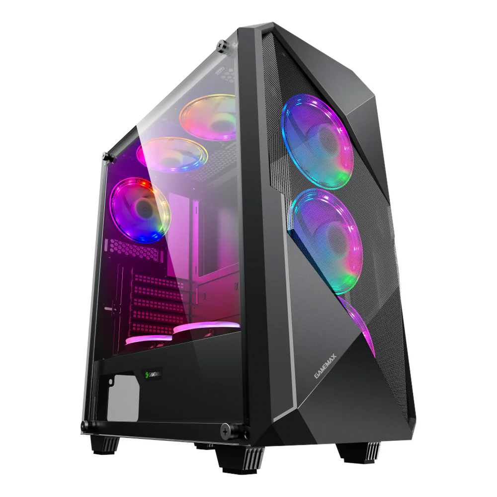 GameMax Revolt Mid Tower PC Casing, Tempered Glass Side Panel, 4 x Pre-installed FN-12N-Rainbow-T ARGB Fans, RGB Controller, USB 3.1 & USB 2.0, Black, 1 Year Warranty