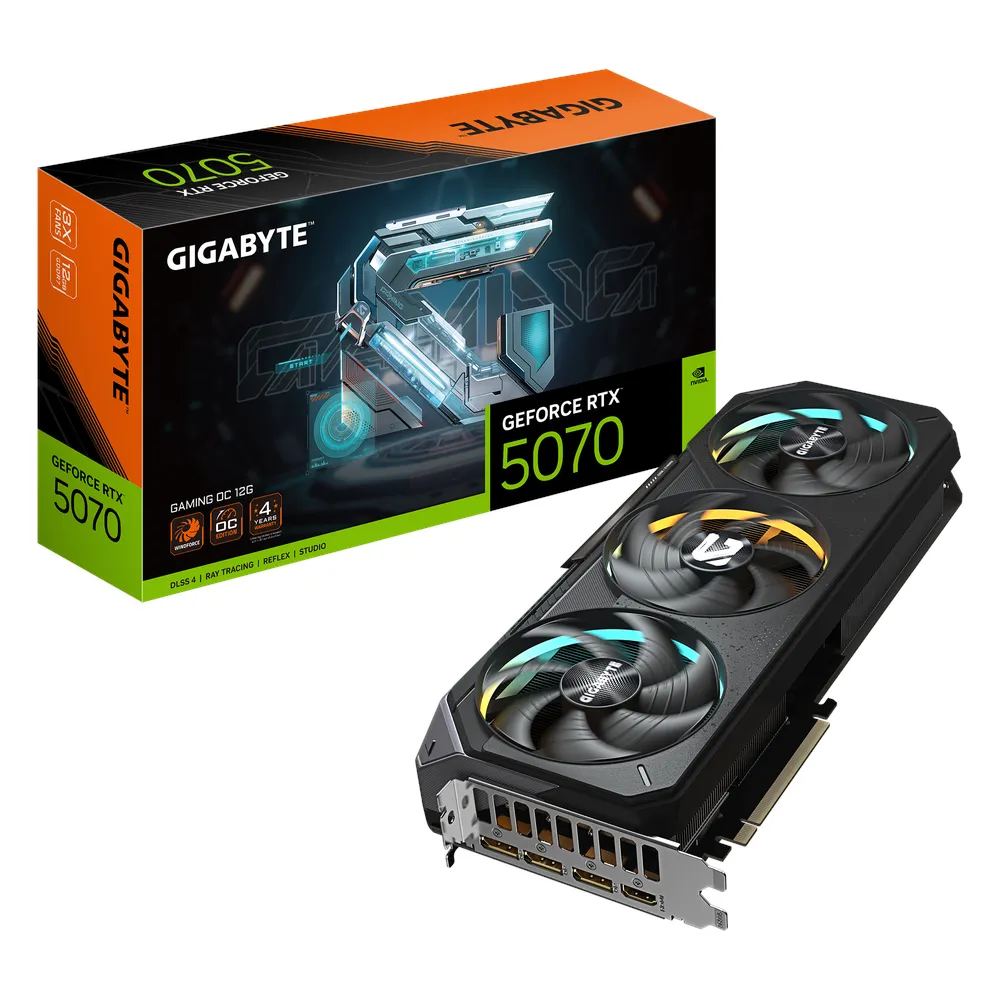 Gigabyte GAMING OC GeForce RTX 5070 Graphics Card, GDDR7 12GB 192-bit Memory, HDMI 2.1b & DP 2.1b Outputs, PCI Express 5.0, 2625 MHz Core Clock, 28 Gbps Memory Clock, Triple Windforce Hawk Fans, RGB Halo, Dual BIOS, 1 Year Warranty