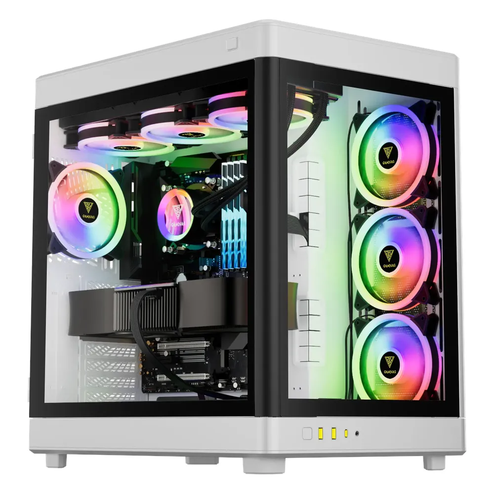 Gamdias NESO P1 White Full Tower PC Casing, Dual-Chamber Trapezoid Design, Panoramic Tempered Glass, 426mm GPU Support, White, 1 Year Warranty