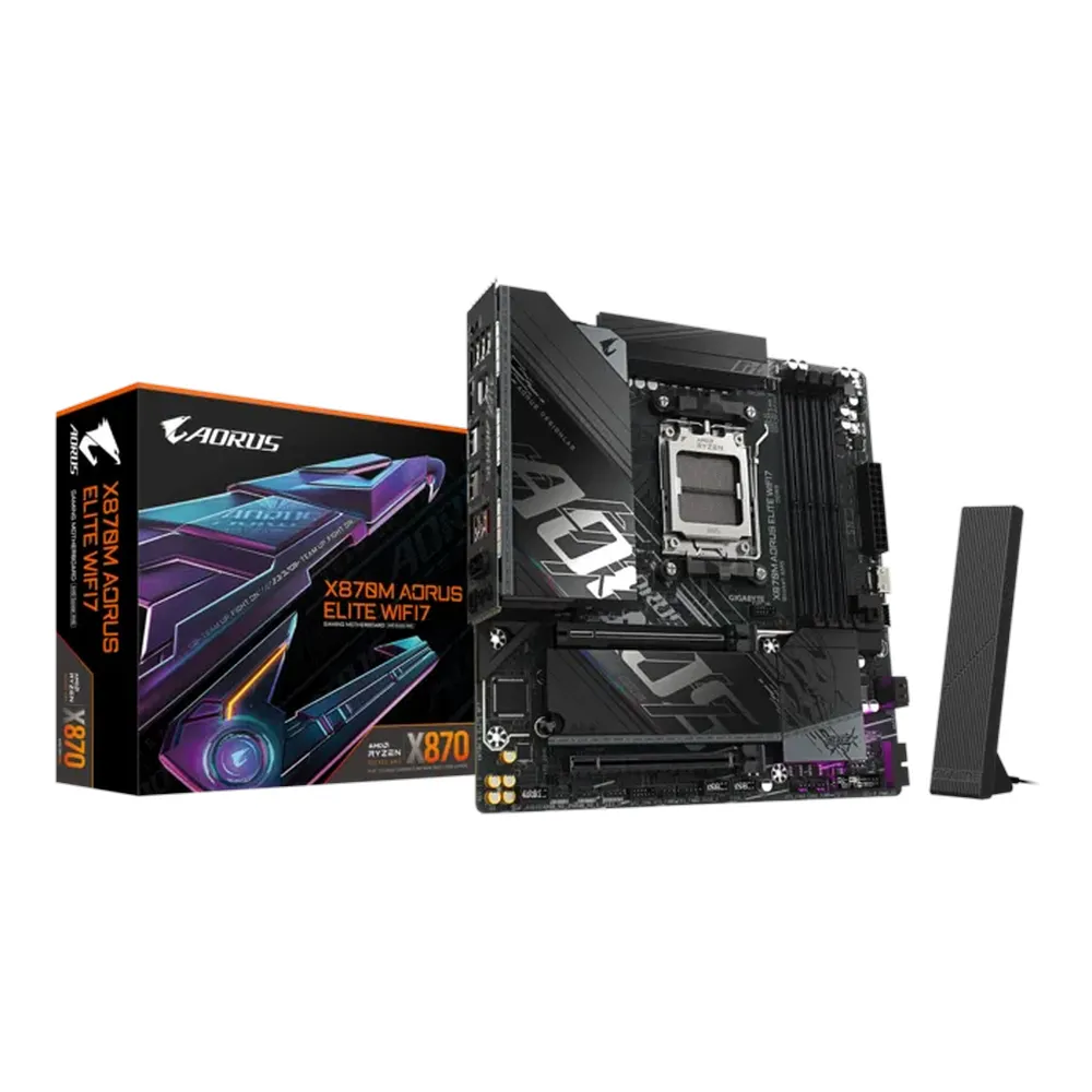 Gigabyte X870M AORUS ELITE WIFI7 Gaming Motherboard, AM5 Socket, mATX Form Factor, DDR5 Ram, PCIe 5.0, Wi-Fi 7, Bluetooth v5.4, USB4 Type-C, HDMI, Realtek 2.5Gb Ethernet, RGB Fusion, 1 Year Warranty