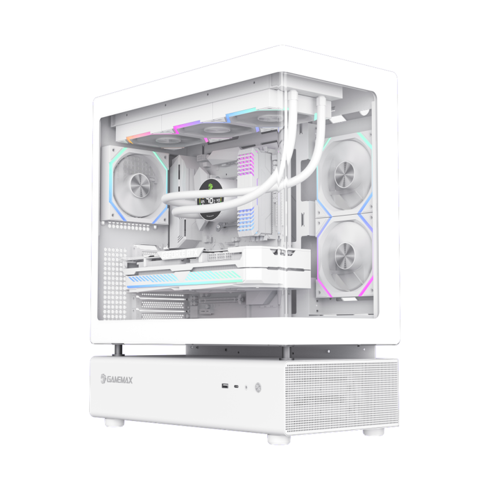 Gamemax N80 WH ATX PC Case, Front & Side Tempered Glass Panel, 270° cooling with 6 AR GB fans, 415mm GPU Support, USB 3.0, White, 1 Year Warranty