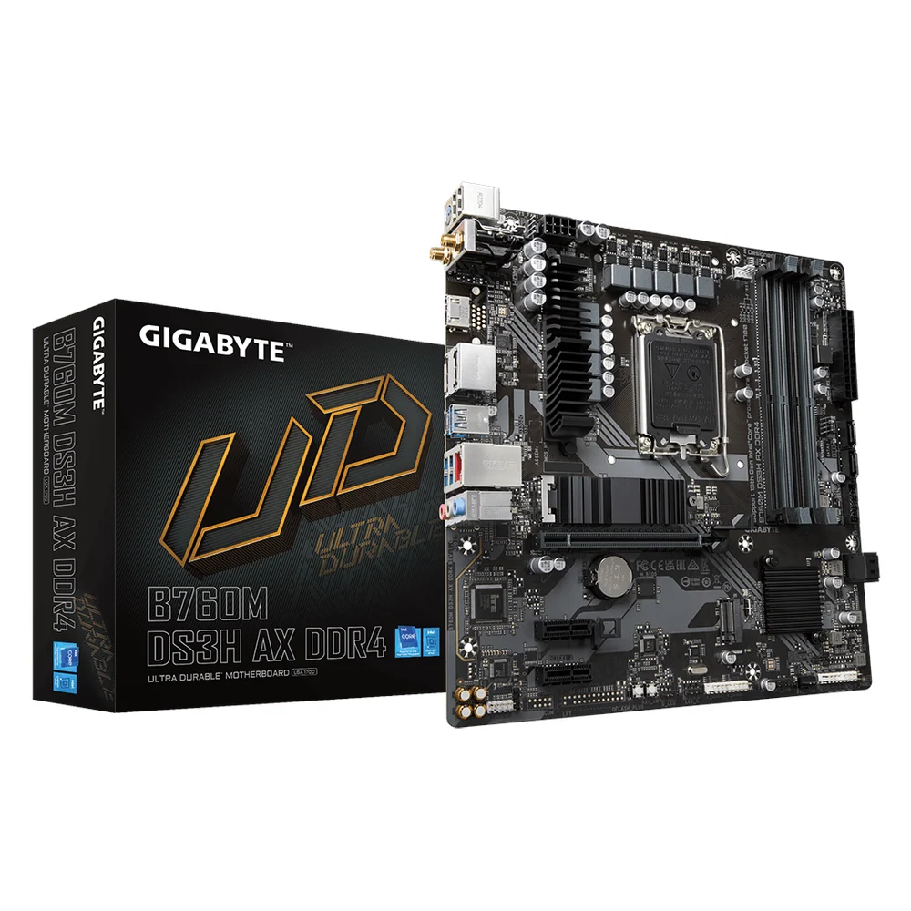 Gigabyte B760M DS3H AX DDR4 Micro ATX Motherboard, LGA1700 Socket, DDR4, Wi-Fi 6E, Realtek 2.5GbE LAN, HDMI, DisplayPort, 1 Year Warranty