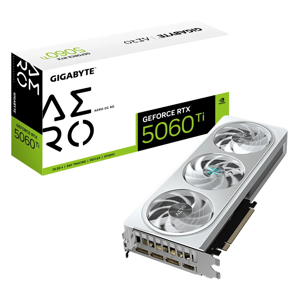 Gigabyte GeForce RTX 5060 Ti AERO OC Graphics Card, GDDR7 8GB 128-bit Memory, HDMI 2.1b & DP 2.1b Outputs, PCI Express 5.0, 2647 MHz Core Clock, 28 Gbps Memory Clock, Triple Windforce RGB Hawk Fans, Dual Bios, White, 1 Year Warranty