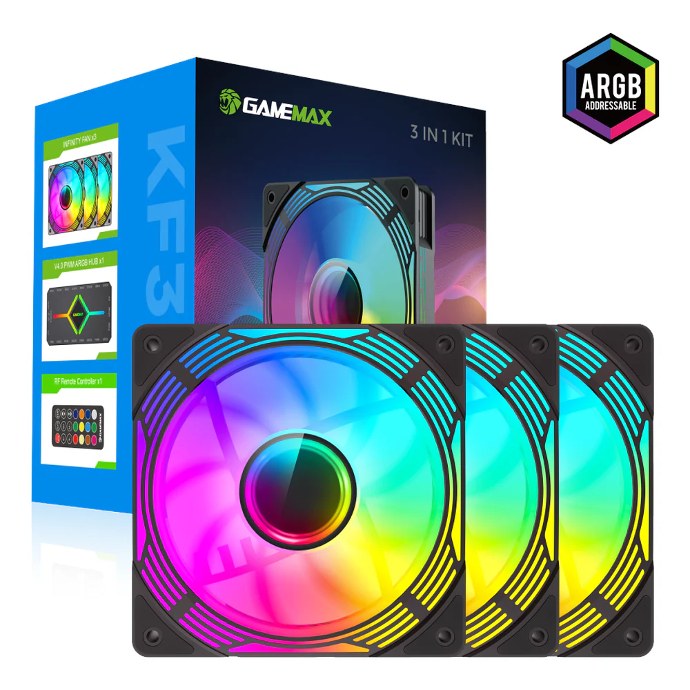 GameMax KF300-BK ARGB Case Fans with ARGB Hub, Pack Of 3, 120mm Fan Size, 1600 RPM Fan Speed, 44.35 CFM Airflow, PWM Control, Black, 1 Year Warranty