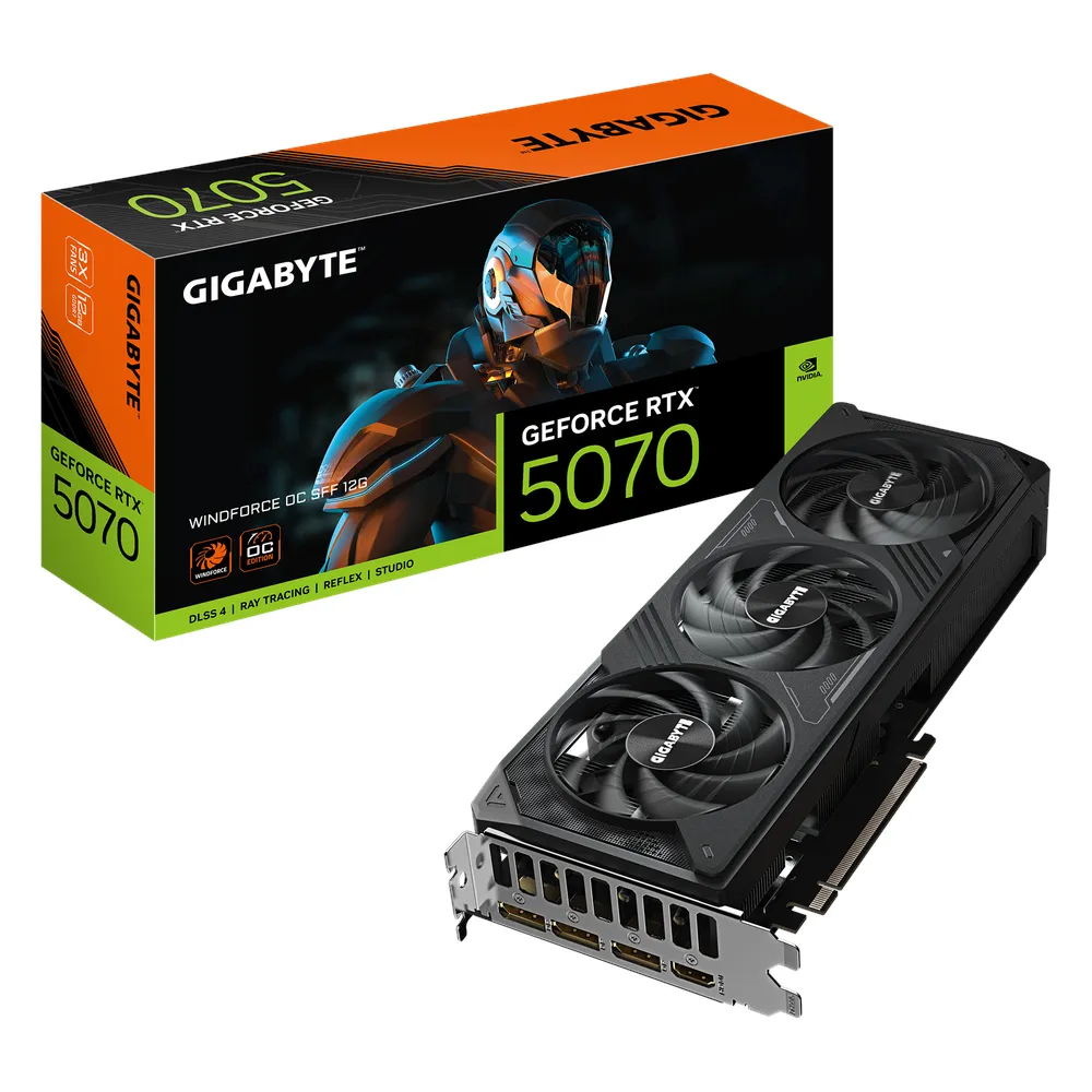 Gigabyte WINDFORCE OC GeForce RTX 5070 Small Form Factor Graphics Card, GDDR7 12GB 192-bit Memory, HDMI 2.1b & DP 2.1b Outputs, PCI Express 5.0, 2542 MHz Core Clock, 28 Gbps Memory Clock, Triple Windforce Hawk Fans, 1 Year Warranty