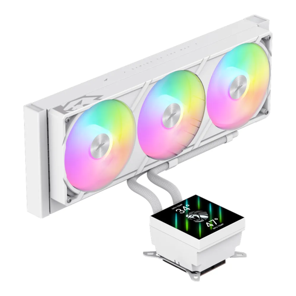 Gamemax Glacier 360 White LCD AIO Liquid CPU Cooler, 3.95" 720p LCD Screen, 360mm Radiator, Triple ARGB PWM Fans, Intel LGA 1851/1700 & AMD AM5 Ready, White, 1 Year Warranty