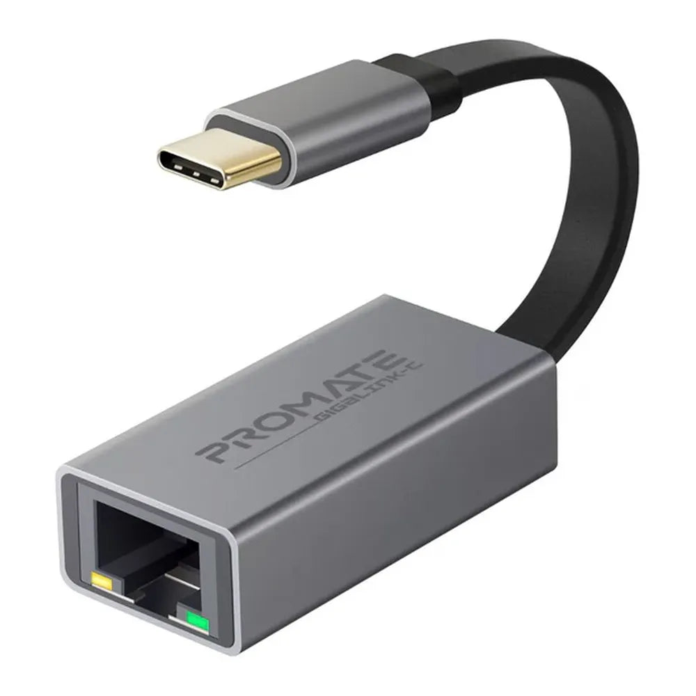 Promate GigaLink-C USB-C to Gigabit Ethernet Adapter, 10/100/1000Mbps, RJ45 Port, Aluminum Design, Grey, 1 Year Warranty