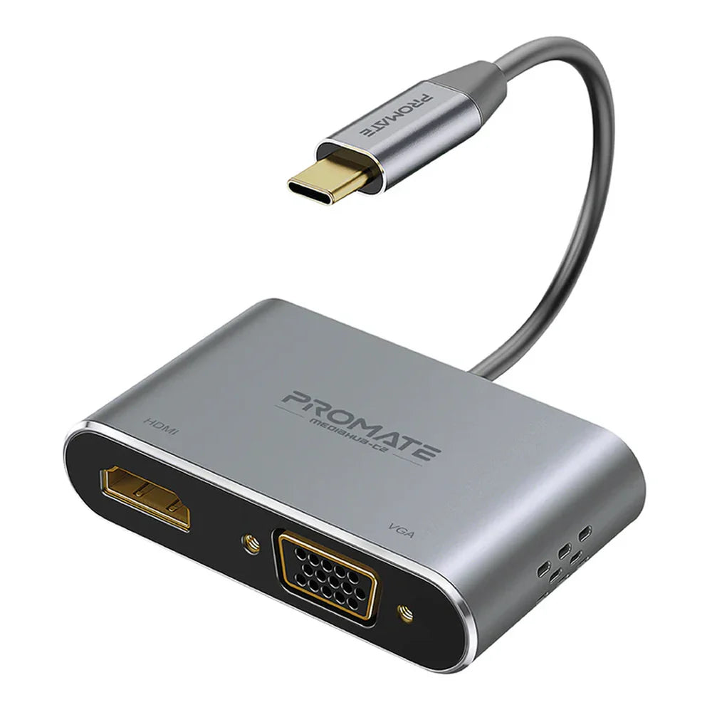 Promate USB Type-C to HDMI & VGA Combo Adapter, HDMI Female Port, VGA Female Port, Mirror & Extend Display Modes, Aluminum Hybrid Shell, 15cm Cable Length, Black, 1 Year Warranty