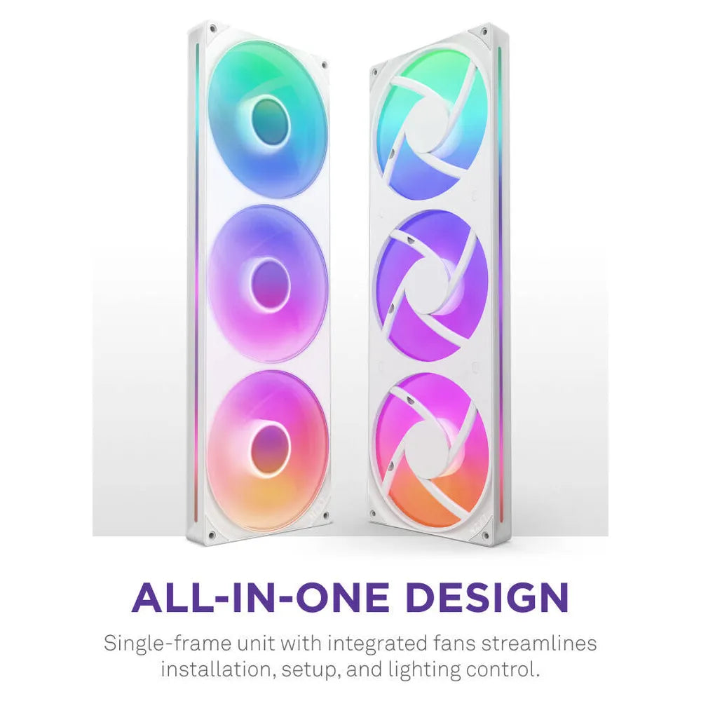 NZXT F420 RGB Core Single-Frame RGB Fan Unit, 3 x Fans, Fluid Dynamic Bearing, 420mm Frame Size, 2000 rpm Fan Speed, Addressable RGB LED Lighting, White, 1 Year Warranty