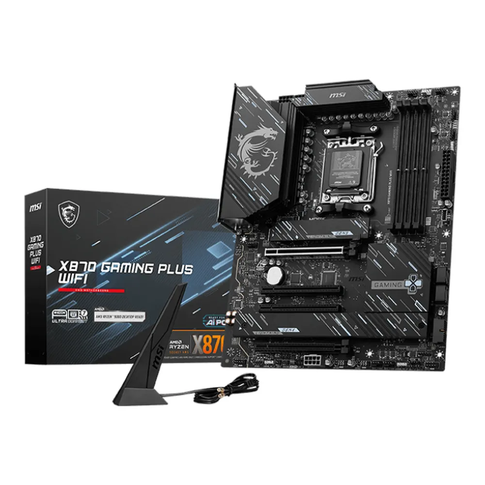 MSI X870 WIFI Gaming Plus Motherboard, AM5 Socket, ATX Form Factor, DDR5 Ram, PCIe 5.0, USB 40Gbps, HDMI, Thunderbolt, Wi-Fi 7, Bluetooth, Realtek 5Gb Ethernet, M.2 Shield Frozr, Enlarged Chipset Heatsink, 1 Year Warranty