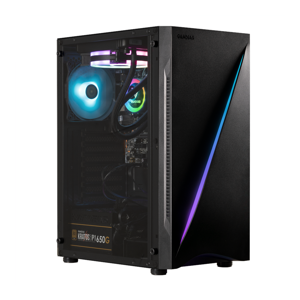 GAMDIAS ARGUS E5 ATX PC Case, Panoramic Tempered Glass Side Panel, R GB Uunderglow Design, 1 x 120mm AR GB Fan, 260mm GPU Support, USB 3.0, Black, 1 Year Warranty