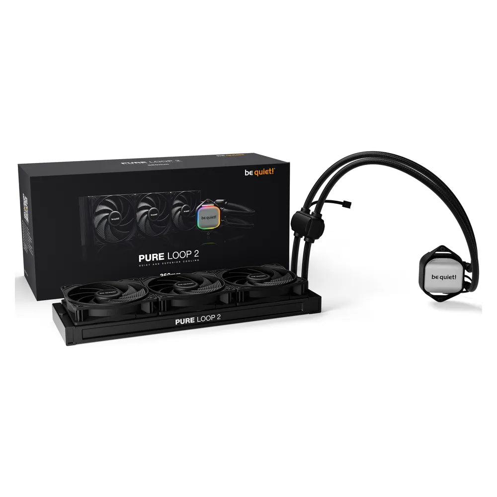 Be Quiet! Pure Loop 2 360mm Liquid CPU Cooler, ARGB Lighting, 360 mm Aluminum Radiator, Supports Intel & AMD Sockets, 3 x Pure Wings 3 120mm High-Speed Fans, Black, 1 Year Warranty