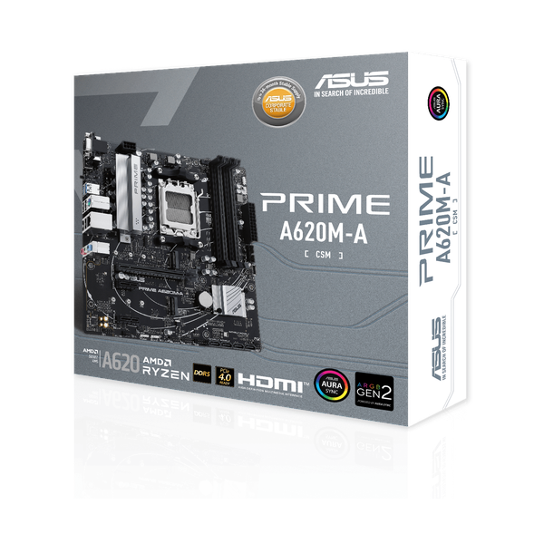 Asus PRIME A620M-A-CSM Motherboard, AM5 Socket, micro-ATX Form Factor, DDR5 Ram, PCIe 4.0, USB 5 GBps, HDMI, DisplayPort, VGA, Realtek 1 GB Ethernet, Asus 5X Protection III, 1 Year Warranty