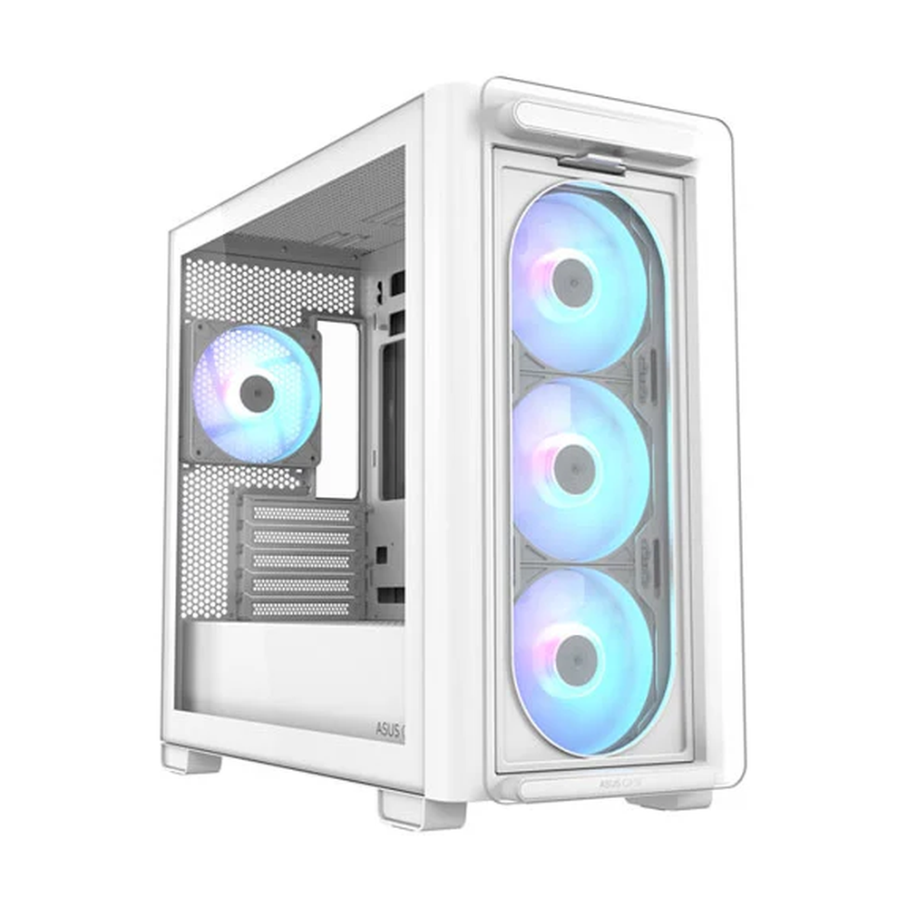 Asus A23 PLUS mATX PC Case, Tempered Glass Panel, 380mm GPU Support, 4 x 120 mm AR GB Fans, USB 3.2 Gen 2, Ample Cable Management, White, 1 Year Warranty