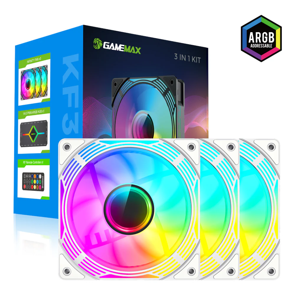 GameMax KF300-WH ARGB Case Fans with ARGB Hub, Pack Of 3, 120mm Fan Size, 1600 RPM Fan Speed, 44.35 CFM Airflow, White, 1 Year Warranty