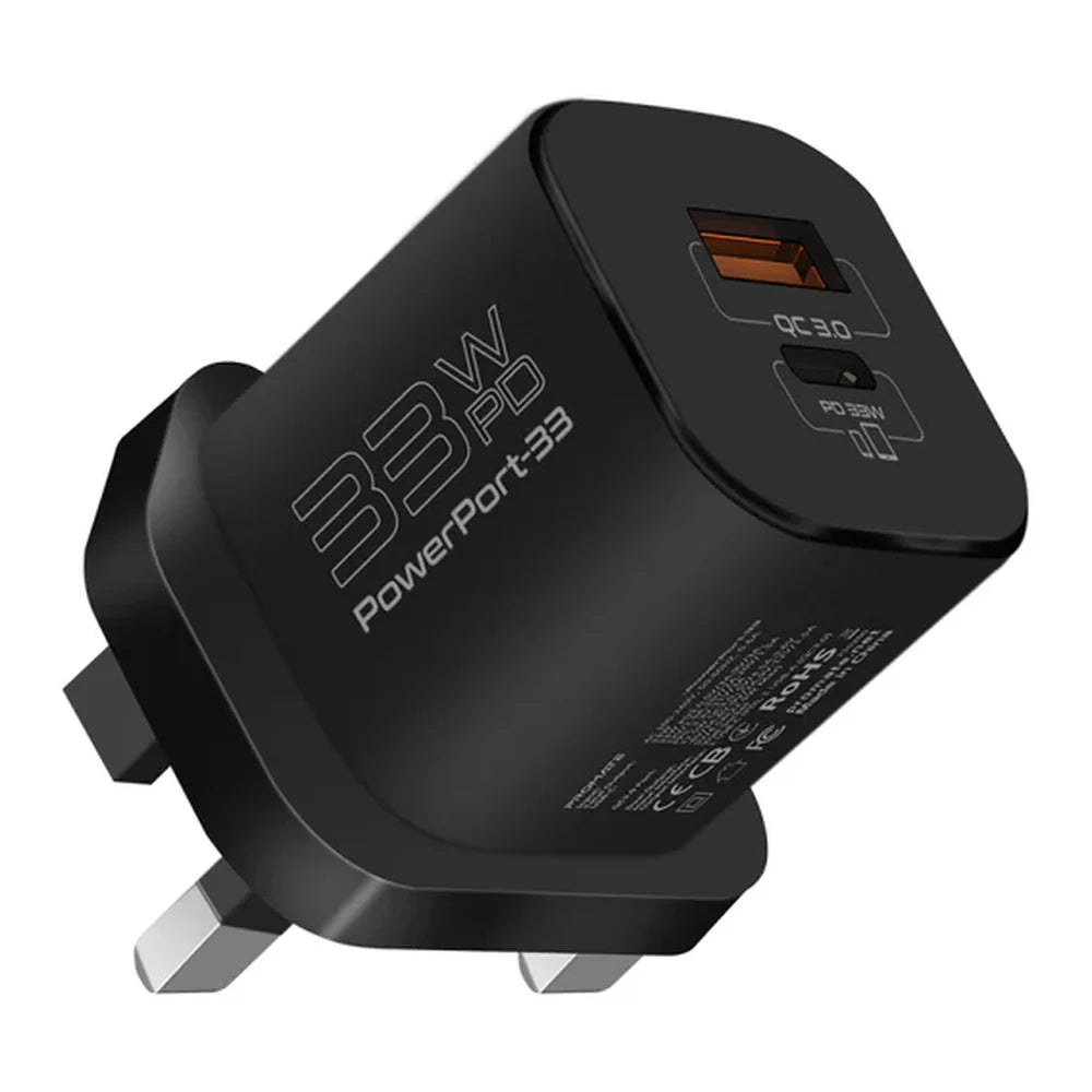 Promate 33W Smart Adaptive Charging Wall Adapter, USB-C, USB-A, 33W Max Total Output, UK Standard 3-Pin Plug, Smart Adaptive Charging, Black, 1 Year Warranty