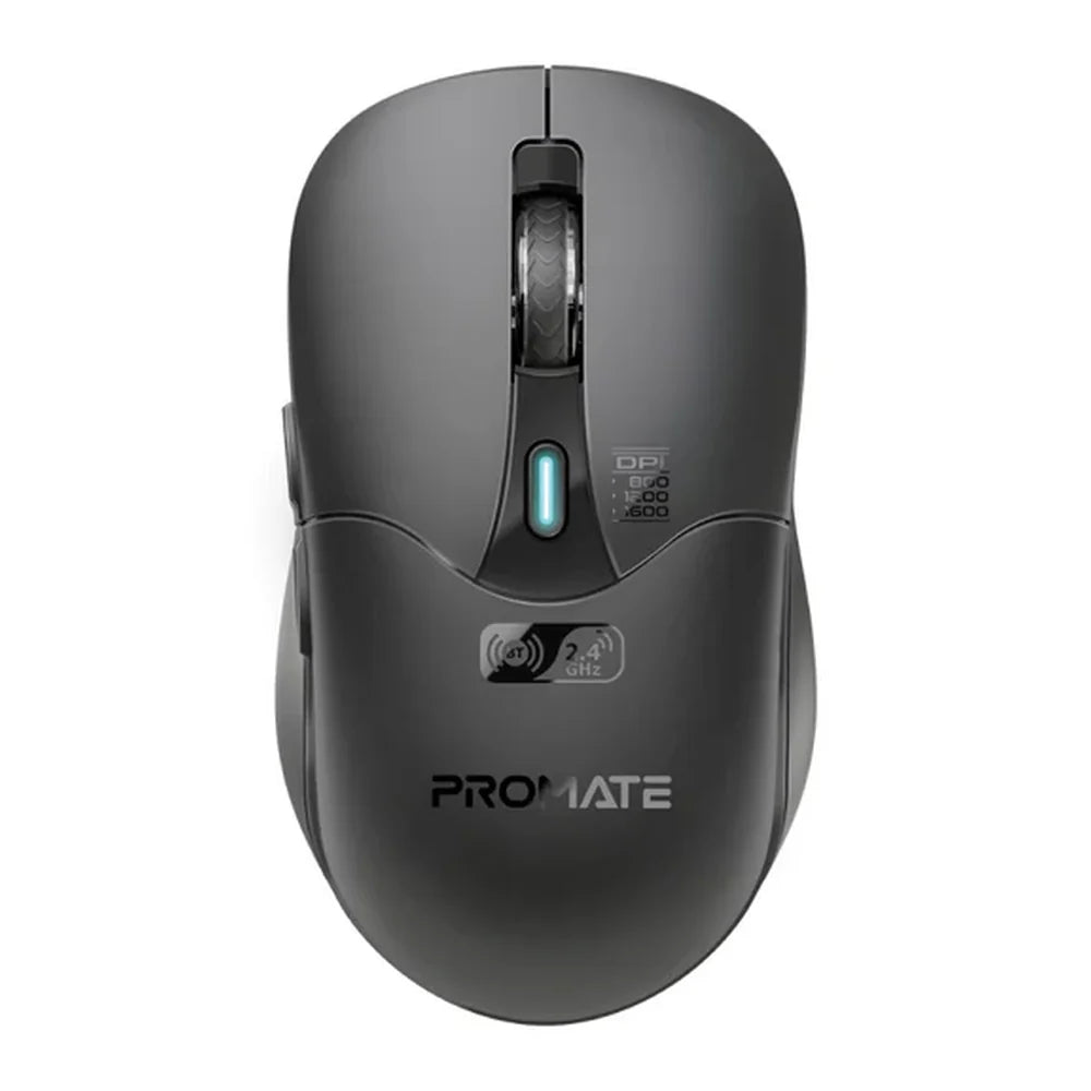 Promate Samo Wireless Optical Mouse, 2.4 GHz Wireless & Bluetooth v5.1 Connectivity, 1600 DPI Resolution, Optical Sensor, 6 Buttons, USB-A Nano Receiver, Ergonomic Contoured Shape, 500mAh Lithium-Ion Battery, Black, 1 Year Warranty