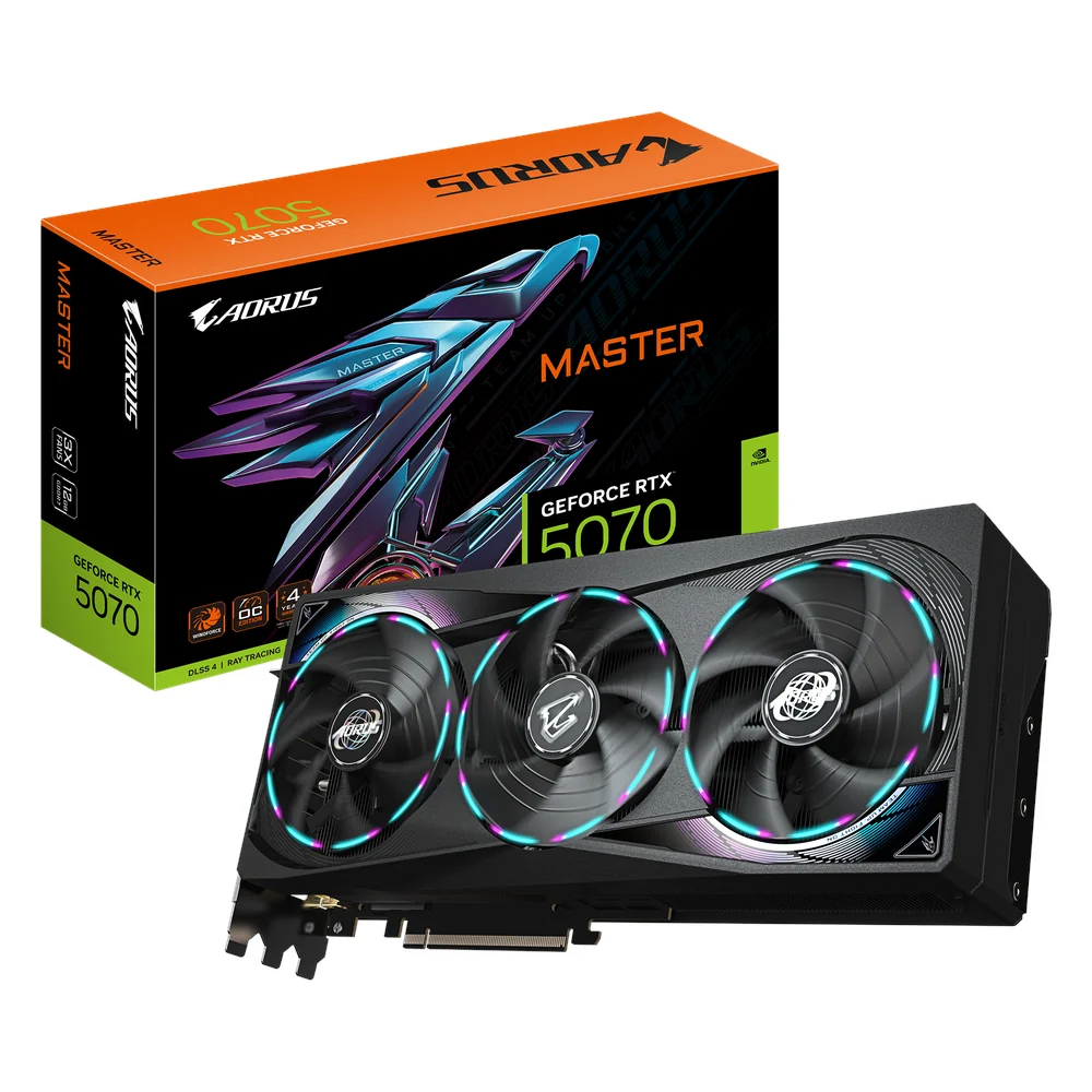Gigabyte AORUS GeForce RTX 5070 Master Graphics Card, GDDR7 12GB 192-bit Memory, DisplayPort, HDMI Outputs, PCI Express 5.0, WINDFORCE Cooling System, 1 Year Warranty