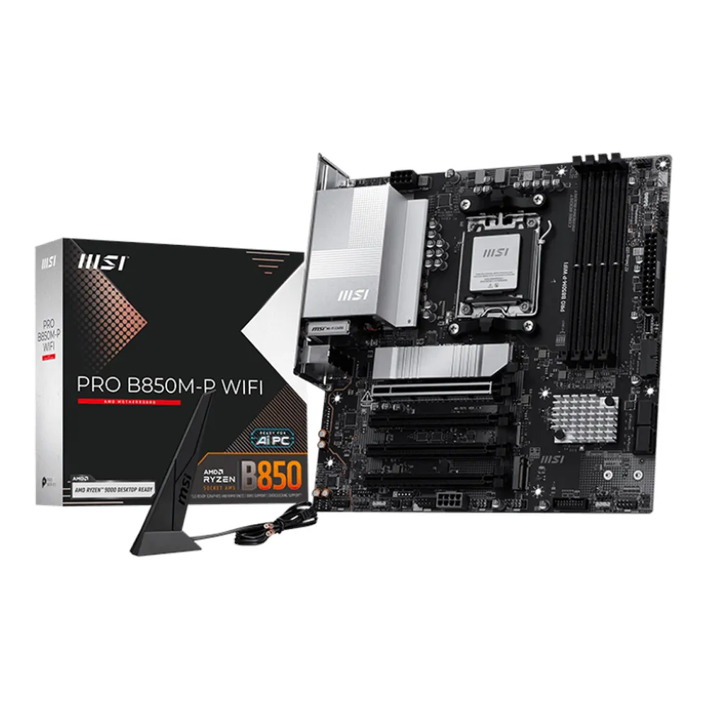 MSI PRO B850M-P WIFI Gaming Motherboard, AM5 Socket, mATX Form Factor, DDR5 Ram, PCIe 5.0, USB 10Gbps, HDMI, DP, Wi-Fi 7, Bluetooth, Realtek 5Gb Ethernet, M.2 Shield Frozr, Chipset Heatsink, 1 Year Warranty