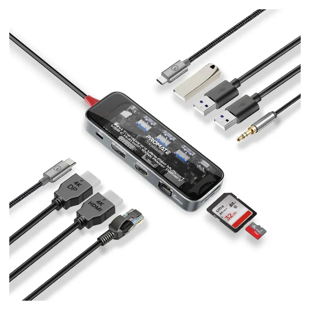 Promate TransHub-Pro 11-in-1 Multiport USB-C Hub, 100W Power Delivery, 4K Display Support, HDMI, DisplayPort, USB-C Data, USB-A 3.0, USB-A 2.0, Ethernet, SD/TF Card Slot, AUX Port, Transparent Design, Black, 1 Year Warranty