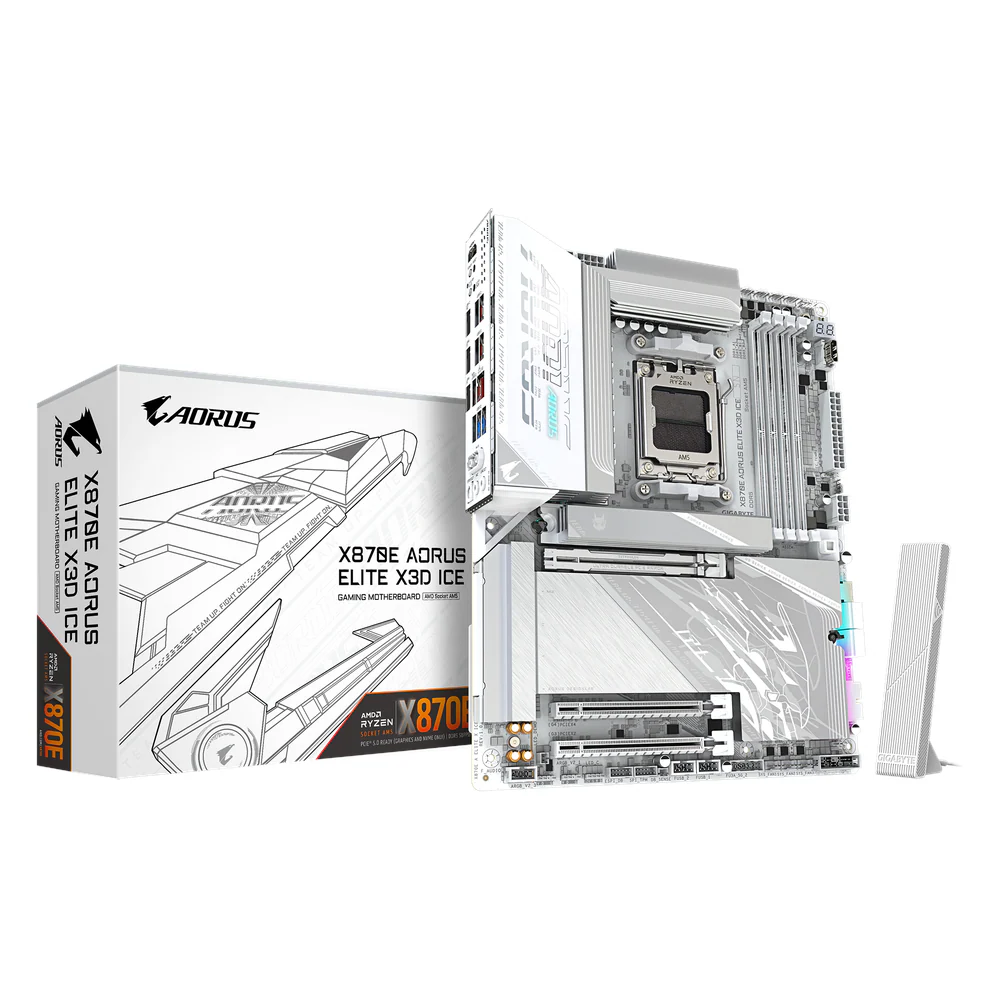 Gigabyte X870E AORUS ELITE X3D ICE WHITE Motherboard, Socket AM5, ATX Form Factor, DDR5 Ram, PCIe 5.0, Wi-Fi 7, Bluetooth v5.4, HDMI, Dual USB4 Type-C, Realtek 5Gb Ethernet, White, 1 Year Warranty