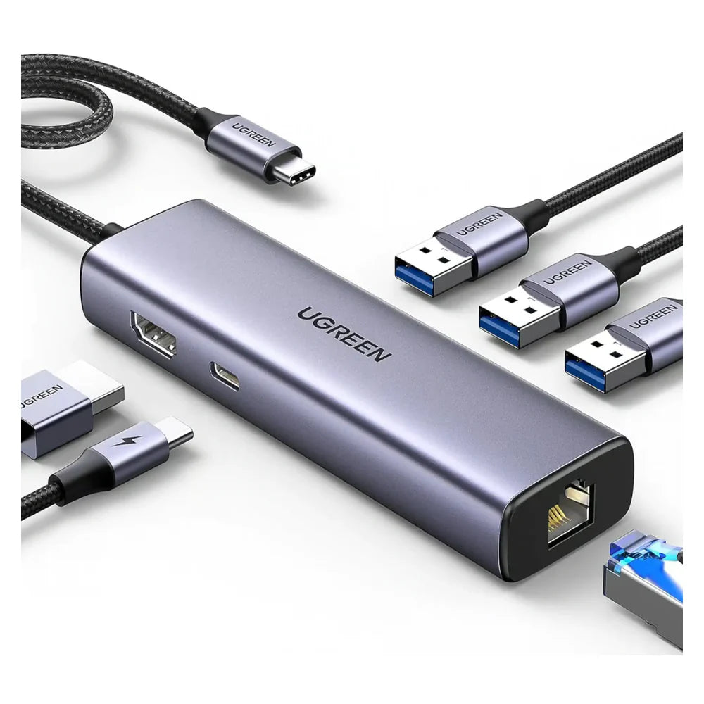 Ugreen USB-C to USB 3.0 6-in-1 Hub Adapter, 3 x USB-A 3.0, HDMI, RJ45 Gigabit Ethernet, Premium Aluminum Alloy Shell, Grey, 1 Year Warranty