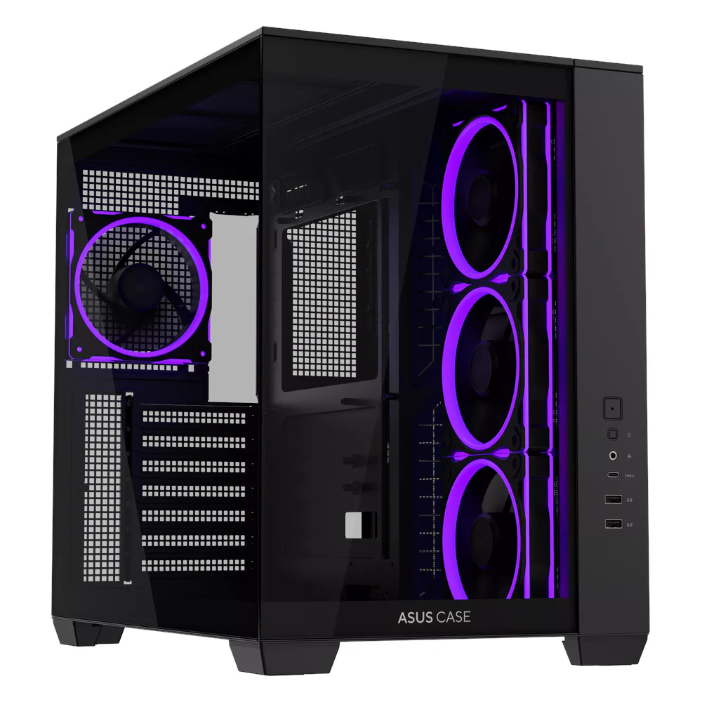 Asus A32 Plus ARGB Mid Tower PC Casing, Panoramic Tempered Glass Front & Side Panels, 4 x Pre-installed ARGB Fans, USB 3.2 Gen 2 Type-C & USB 3.0, Black, 1 Year Warranty