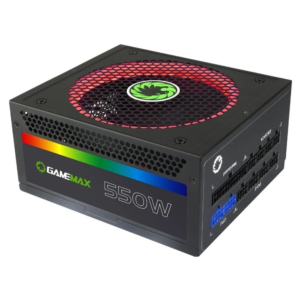 GameMax RGB 550W Power Supply, 80 Plus Gold, Fully Modular, 140mm RGB Ring Fan, Black, 1 Year Warranty