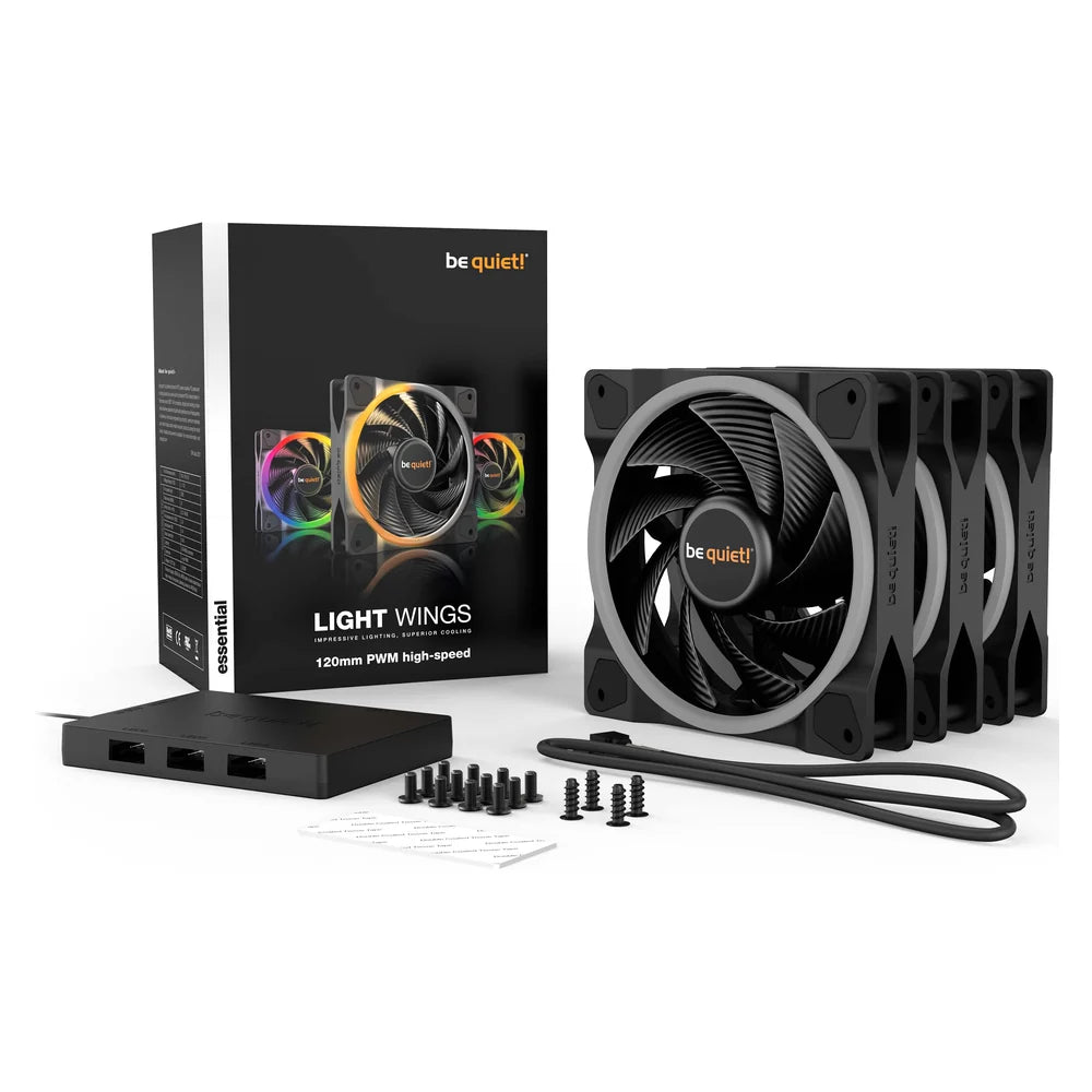 be quiet! Light Wings 120mm PWM High-Speed Case Fan, 3-Pack, 2500 RPM, 52.3 CFM Airflow, 4-Pin PWM & 3-Pin ARGB Lighting, Black, 1 Year Warranty