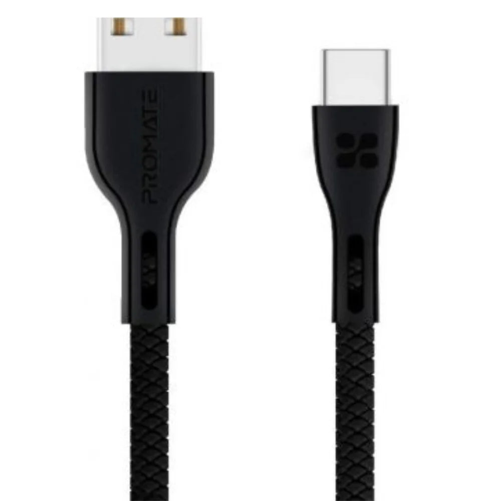 Promate PowerBeam-C 1.2M USB-A to USB-C Cable, 2A Fast Charging, 480Mbps Data Transfer, Black