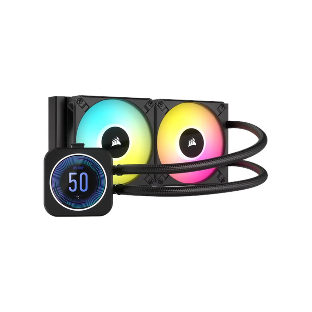 Corsair iCUE H100i Elite XT AIO RGB Liquid Cooler, 2.1" IPS LCD Display, 240mm Radiator, Supports Intel, AMD Sockets, Black, 1 Year Warranty