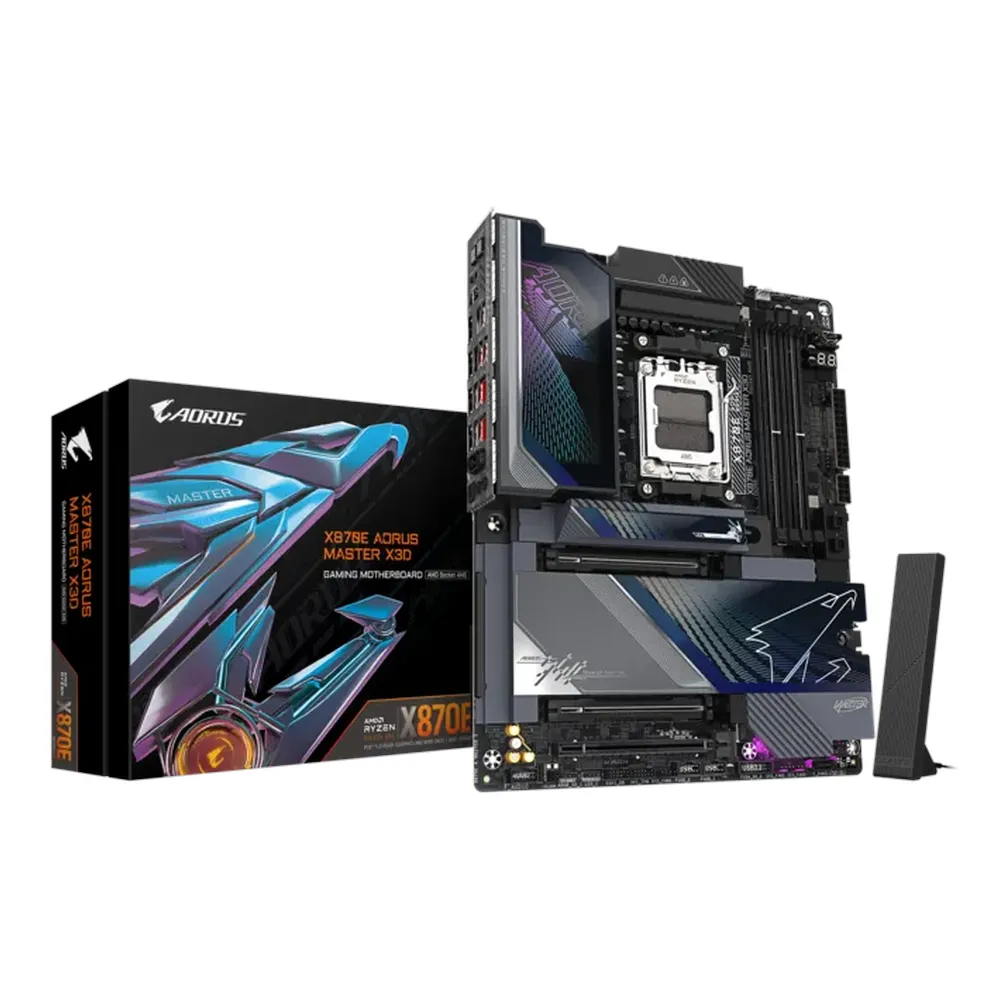 Gigabyte X870E AORUS MASTER X3D Motherboard, AM5 Socket, ATX Form Factor, DDR5 Ram, PCIe 5.0, Wi-Fi 7, Bluetooth v5.4, USB4 Type-C with 65W PD, HDMI, Realtek 10Gb & 5Gb Dual Ethernet, ESS ES9118 DAC Audio, 1 Year Warranty