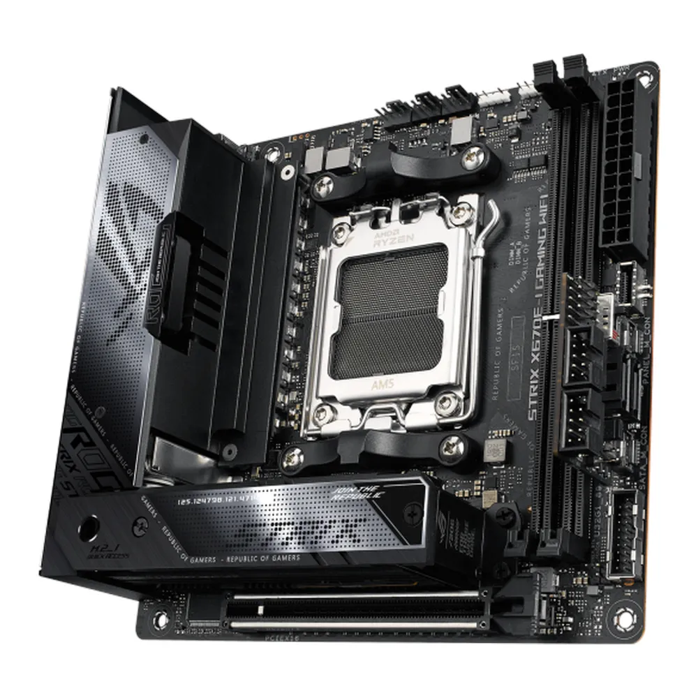 Asus ROG STRIX X670E-I GAMING WIFI Motherboard, AM5 Socket, Mini-ITX Form Factor, DDR5 Ram, PCIe 5.0, Wi-Fi 6E, Bluetooth v5.2, USB4, HDMI, Intel 2.5Gb Ethernet With Asus LANGuard, ROG STRIX HIVE, Aura Sync, 1 Year Warranty