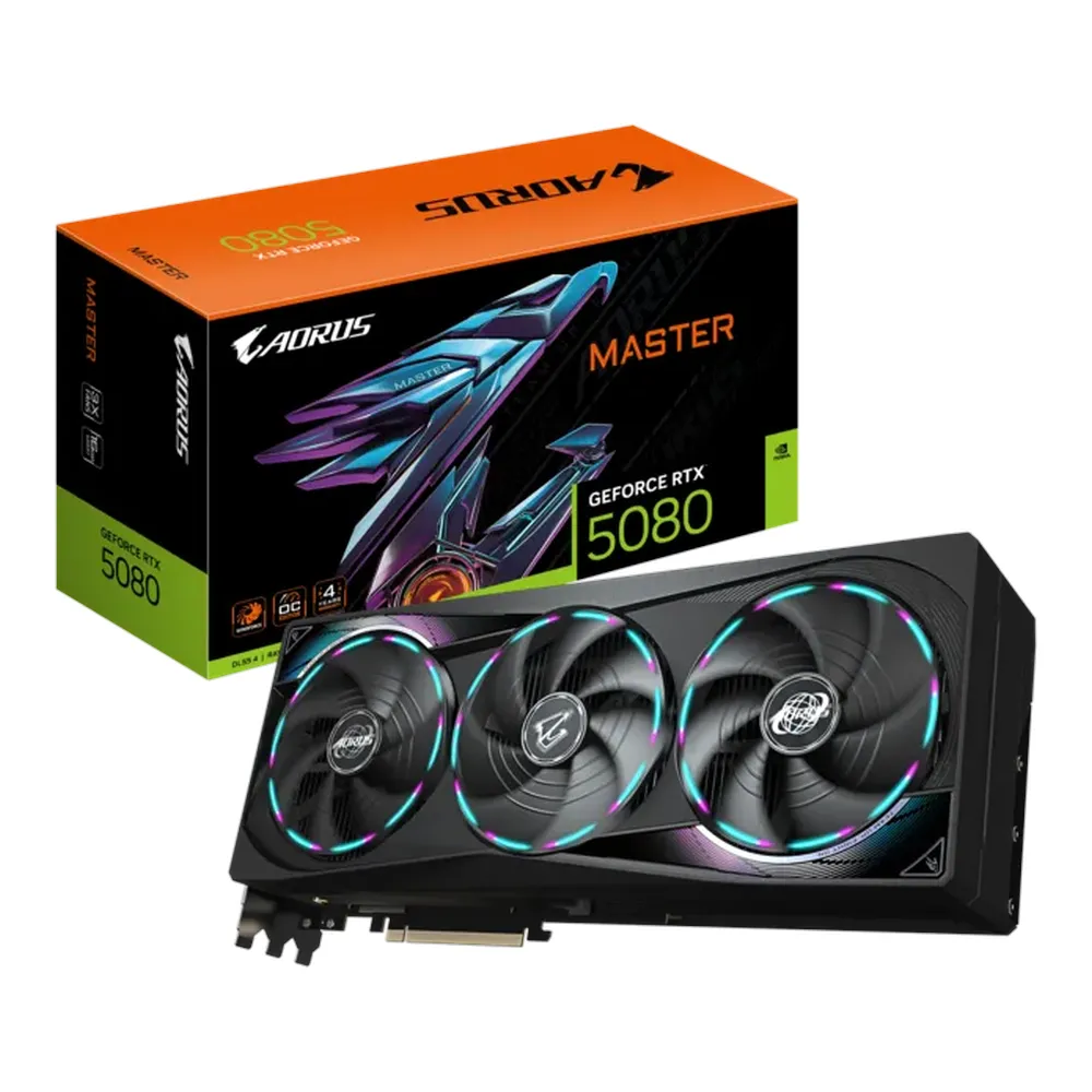 Gigabyte AORUS GeForce RTX 5080 MASTER Graphics Card, GDDR7 16GB 256-bit Memory, HDMI 2.1b & DP 2.1b Outputs, PCI Express 5.0, Triple Fan Windforce Cooling System, 1801 AI TOPS, 1 Year Warranty