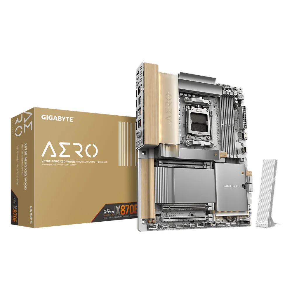 Gigabyte X870E AERO X3D WOOD EDITION Motherboard, Socket AM5, ATX Form Factor, DDR5 Ram, PCIe 5.0, Wi-Fi 7, Bluetooth v5.4, HDMI, Dual USB4 Type-C, Dual 5Gb Ethernet, 1 Year Warranty
