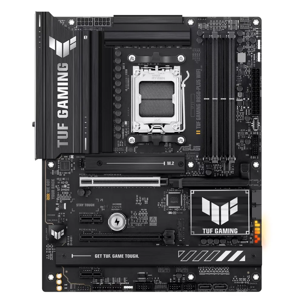 Asus TUF Gaming B850-PLUS WIFI Motherboard, AM5 Socket, ATX Form Factor, DDR5 Ram, PCIe 5.0, USB 20Gbps, HDMI, DP, Wi-Fi 7, Bluetooth, Realtek 2.5Gb Ethernet, Pre-mounted I/O shield, Aura Sync, 1 Year Warranty