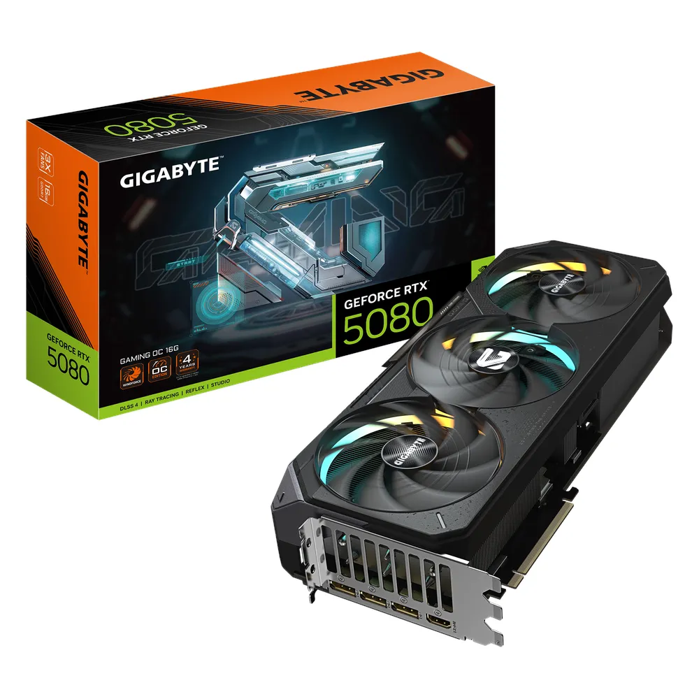 Gigabyte GAMING OC GeForce RTX 5080 Graphics Card, GDDR7 16GB 256-bit Memory, HDMI 2.1b & DP 2.1b Outputs, PCI Express 5.0, 2730 MHz Core Clock, 30 Gbps Memory Clock, Triple Windforce Hawk Fans, RGB Halo, 1 Year Warranty
