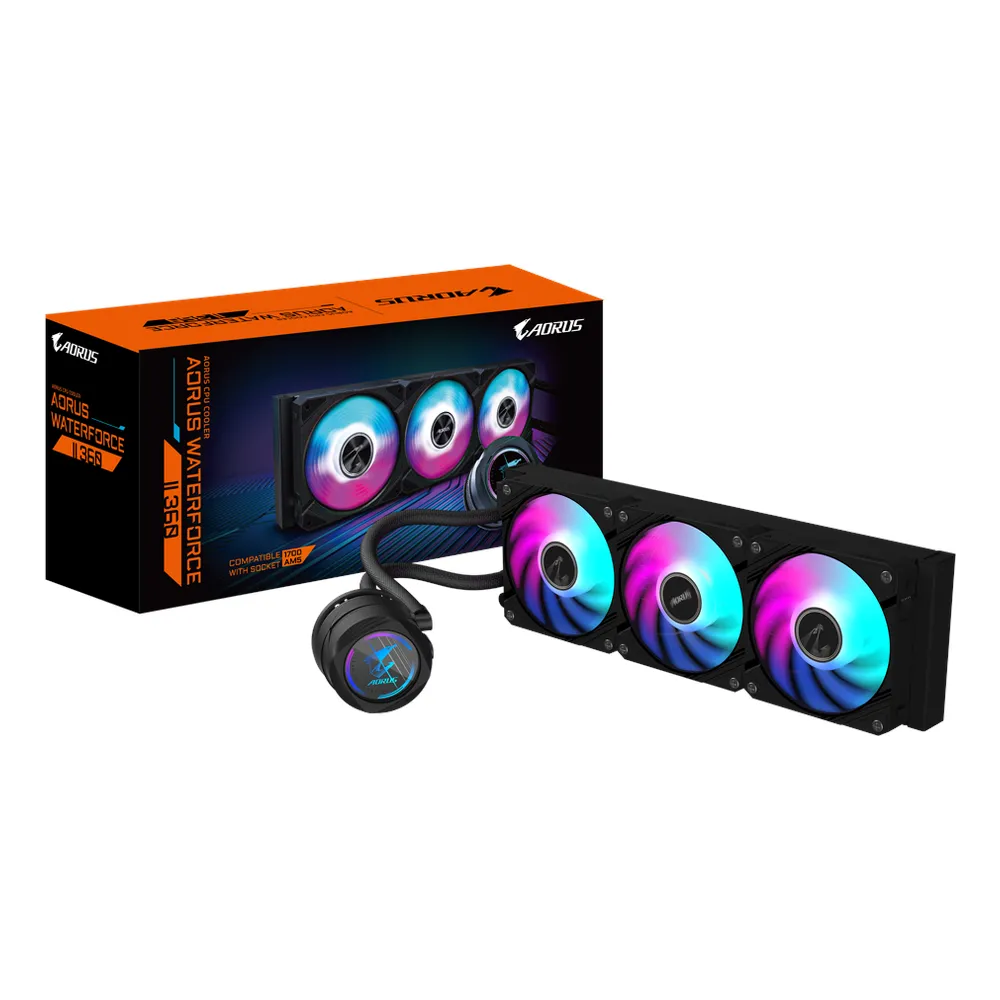 Gigabyte AORUS WATERFORCE II 360 AIO Liquid Cooler, 360 mm Radiator, 330-Degree Rotatable Water Block Design, Supports Intel, AMD Sockets, 3 x 120mm ARGB Fans, Black, 1 Year Warranty