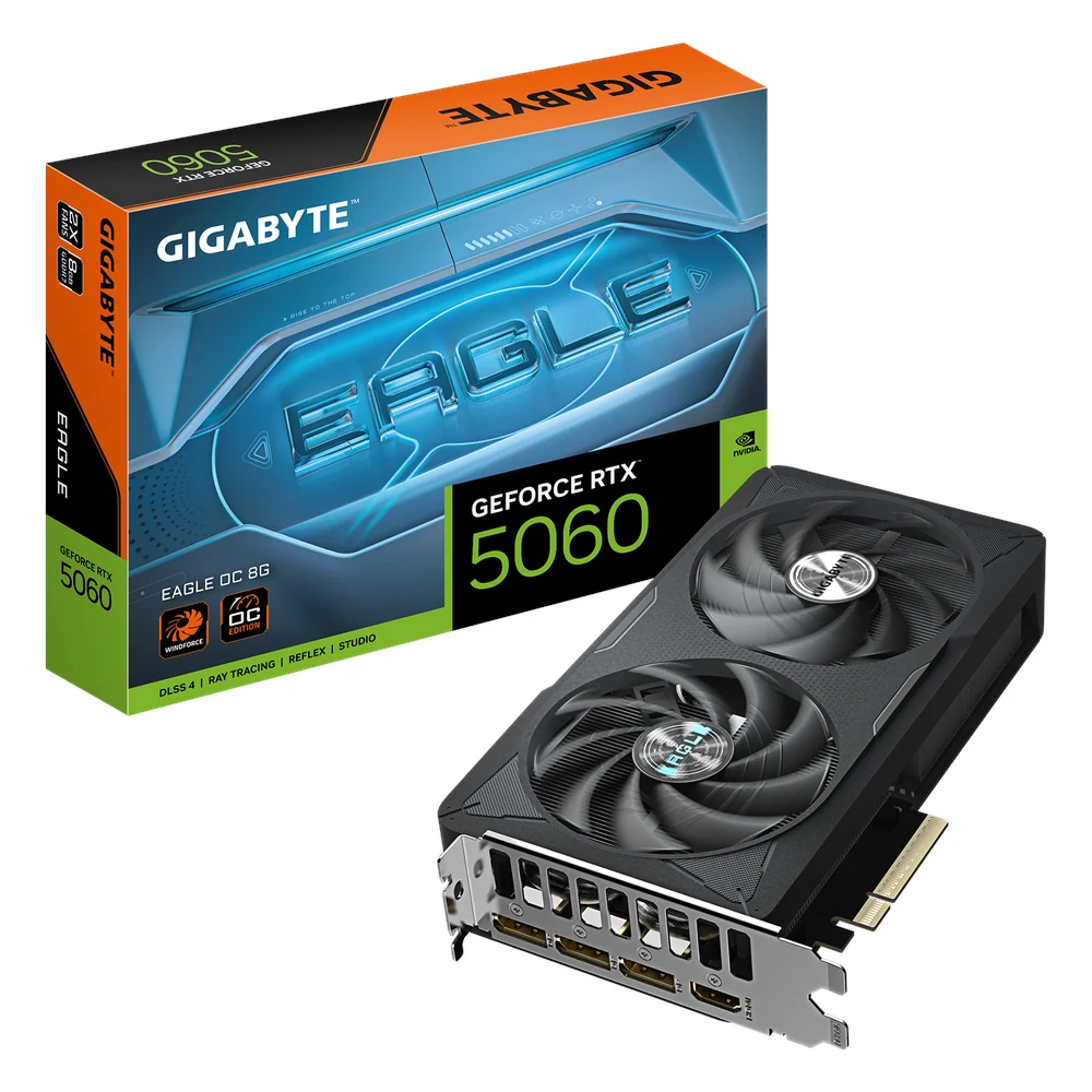 Gigabyte GeForce RTX 5060 Eagle OC Graphics Card, GDDR7 8GB 128-bit Memory, DisplayPort, HDMI Outputs, PCI Express 5.0, WINDFORCE Cooling System, 1 Year Warranty