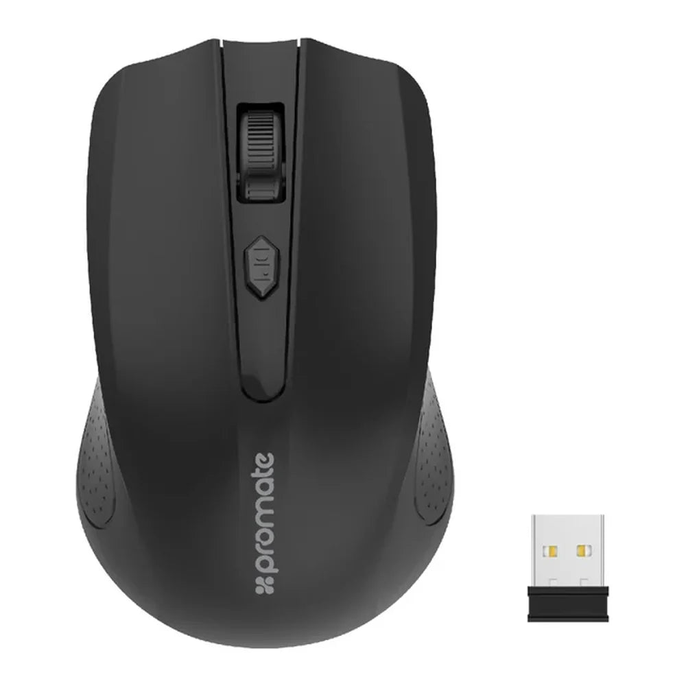 Promate Clix-8 Ergonomic Wireless Optical Mouse, 2.4 GHz Wireless Connectivity, 1600 DPI Resolution, Optical Sensor, Nano USB Receiver, Ergonomic Contoured Shape, Black, 1 Year Warranty