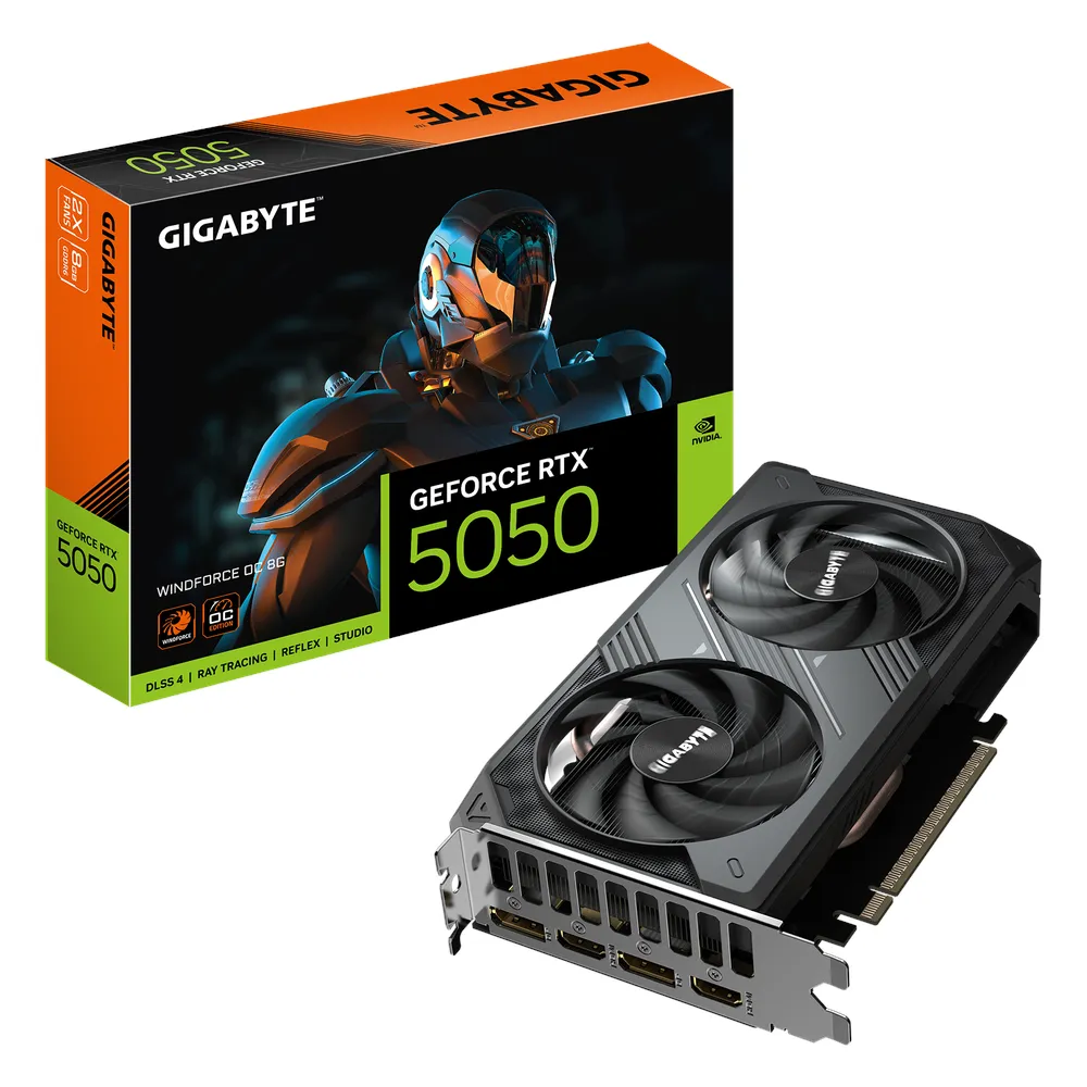 Gigabyte WINDFORCE OC GeForce RTX 5050 Graphics Card, GDDR6 8GB 128-bit Memory, HDMI 2.1b & DP 2.1b Outputs, PCI Express 5.0, 2587 MHz Core Clock, 20 Gbps Memory Clock, Dual Windforce Hawk Fans, 1 Year Warranty