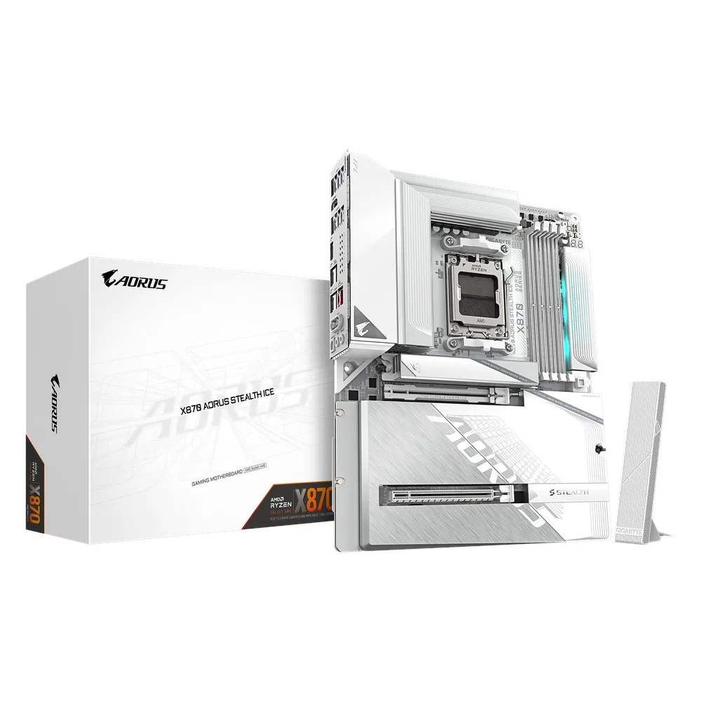 Gigabyte X870 AORUS STEALTH ICE Motherboard, Socket AM5, ATX Form Factor, DDR5 Ram, PCIe 5.0, Wi-Fi 7, Bluetooth v5.4, HDMI, Dual USB4 Type-C, Realtek 5Gb Ethernet, White, 1 Year Warranty