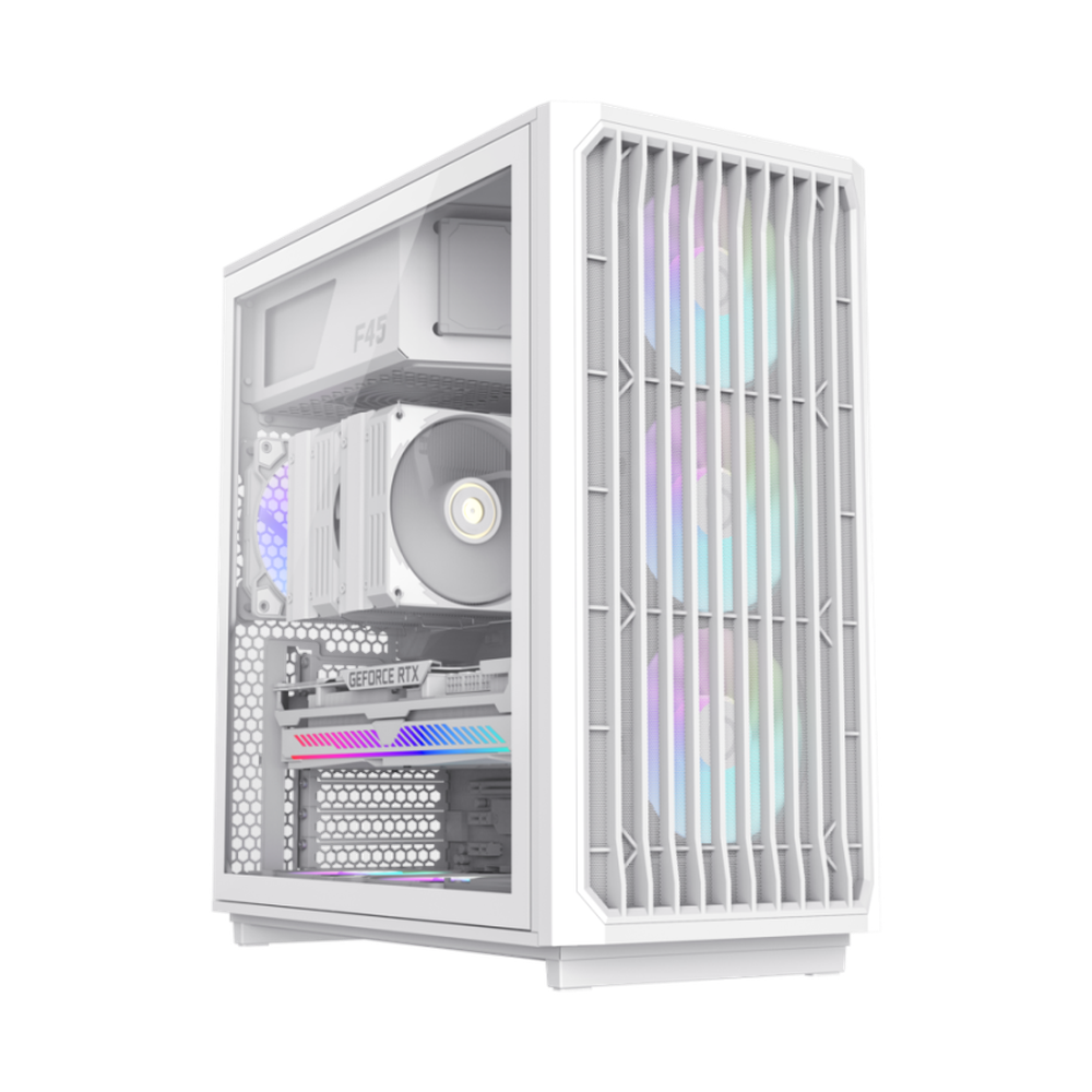 Gamemax F45 WW ATX PC Case, Tempered Glass Left Panel, 3 x 120mm AR GB Fans, 350mm GPU Support, USB 3.2 Gen 2, White, 1 Year Warranty
