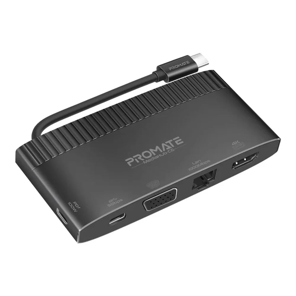 Promate MediaHub-C6 6-in-1 USB-C Hub, 100W Power Delivery, 4K HDMI, VGA, USB-A, Gigabit Ethernet, Aluminum Alloy, 1 Year Warranty