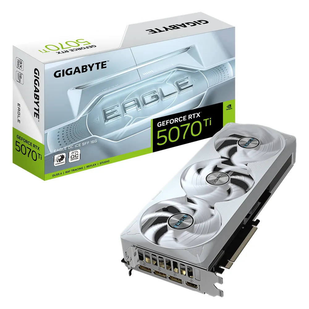 Gigabyte EAGLE OC ICE GeForce RTX 5070 Ti Small Form Factor Graphics Card, GDDR7 16GB 256-bit Memory, HDMI 2.1b & DP 2.1b Outputs, PCI Express 5.0, 2542 MHz Core Clock, 28 Gbps Memory Clock, Triple Windforce Hawk Fans, Dual BIOS, White, 1 Year Warranty