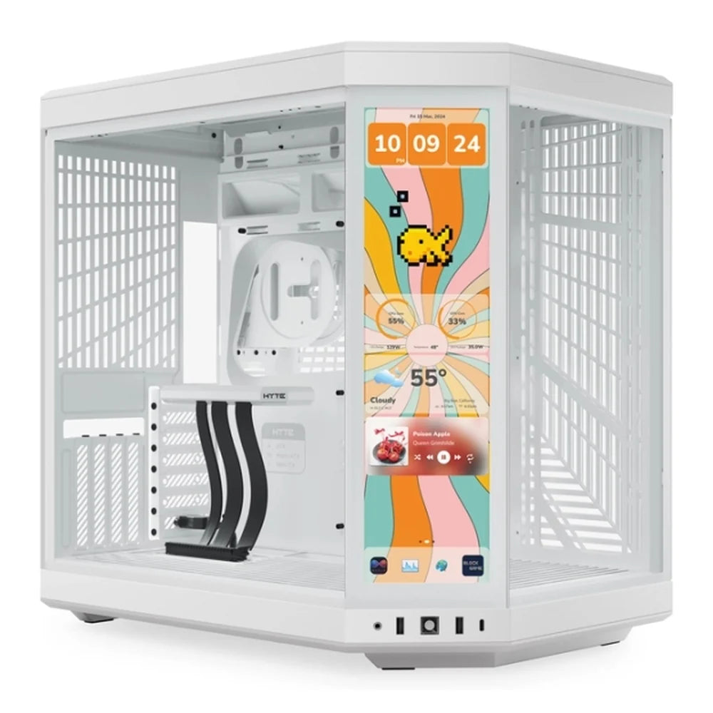 Hyte Y70 Touch Infinite Dual Chamber Mid-Tower ATX Case, 3-Piece Panoramic Glass, 14.9" Integrated IPS Touchscreen Display, 422mm GPU Support, USB 3.2 Gen 2, White, 1 Year Warranty